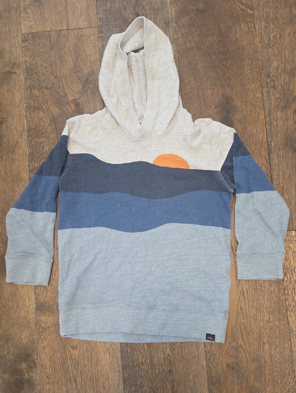 Faherty Kids Hooded Sweatshirt in Heather Gray, Navy & Blue with Orange Sun
